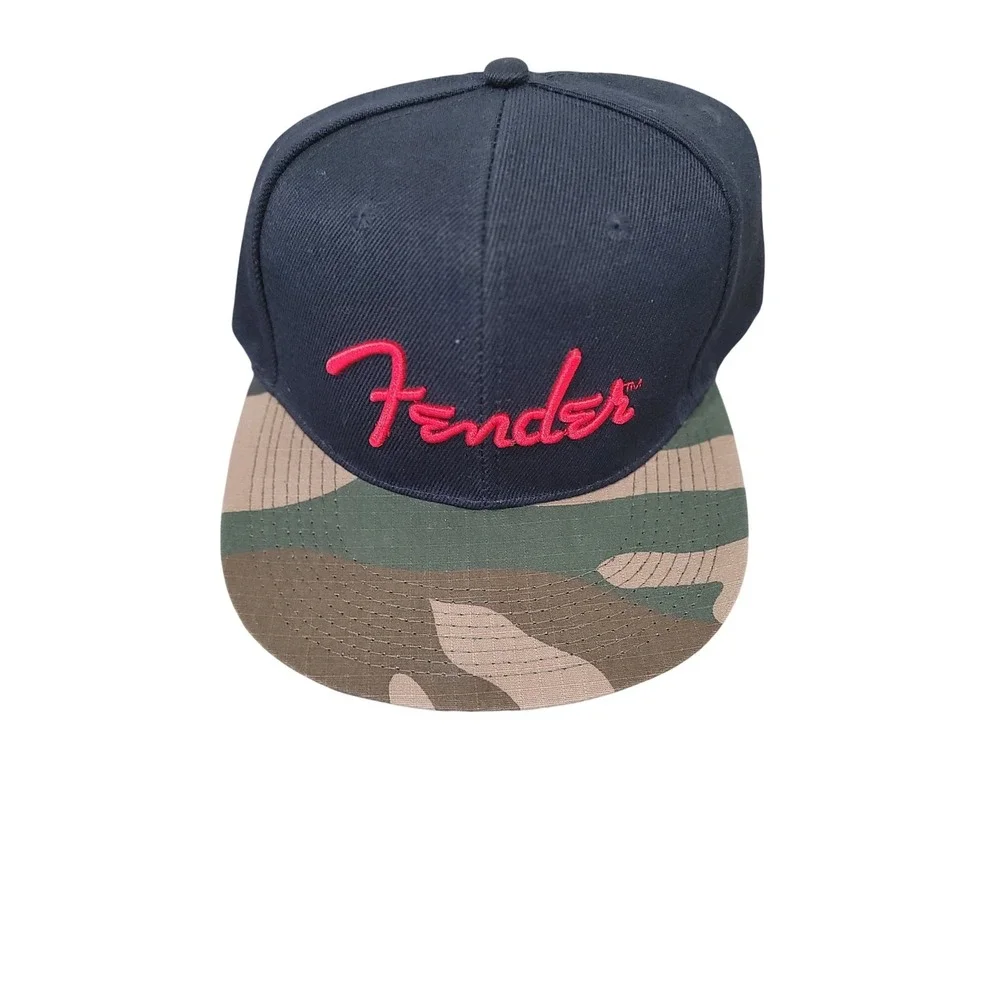 Fender Snapback Hat Black Camo Flat Brim Red Embroidered Logo Adjustable #5